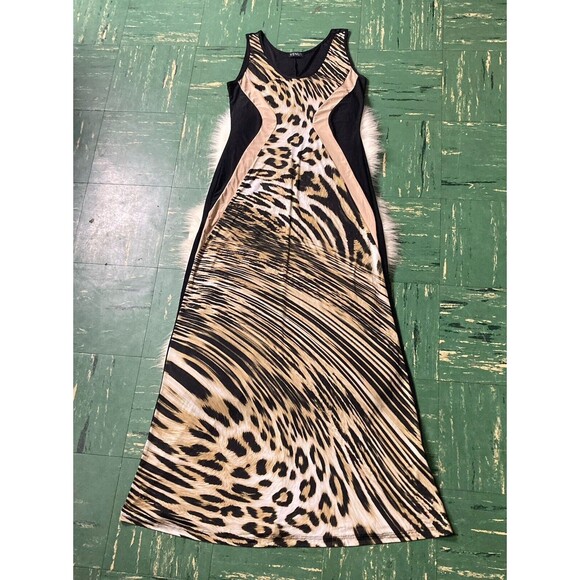 Venus Boho Animal Print Tank Maxi Dress Size Small Stretch Knit Black & Tan - Picture 5 of 11